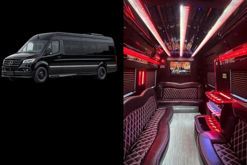 Lana's Limo Sprinter exterior and luxury interior with leather seating and ambient lighting