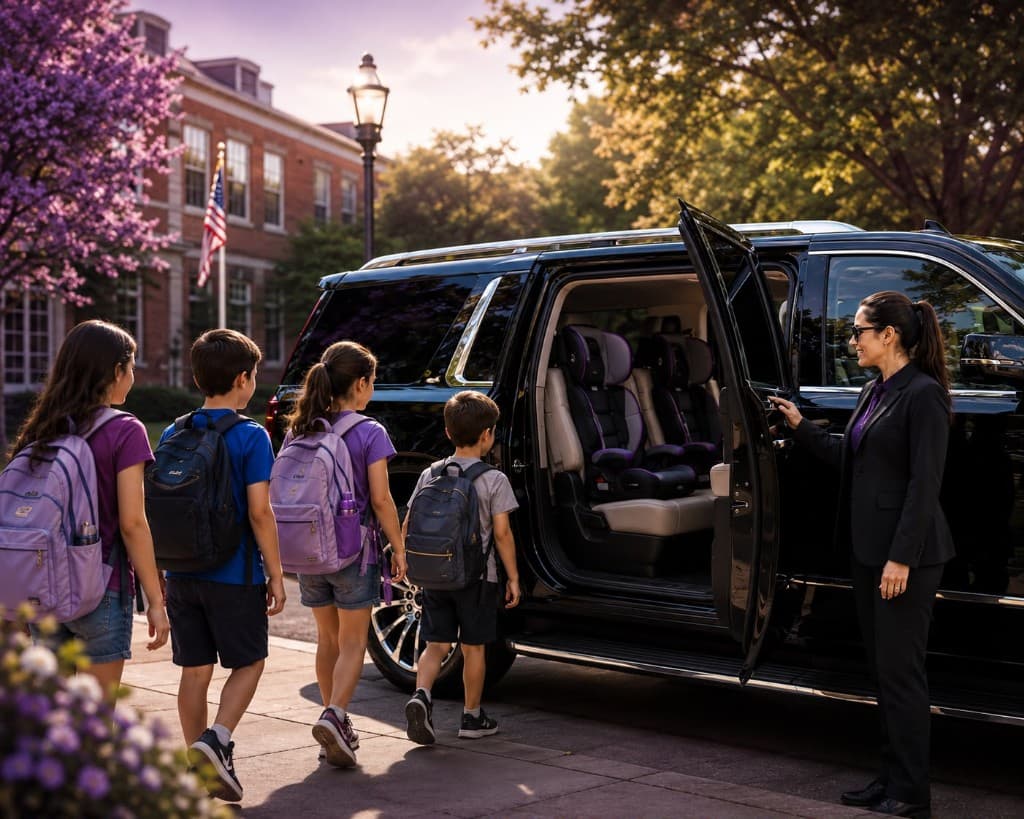 Professional chauffeur welcoming children to a luxury SUV with booster seats for school transportation